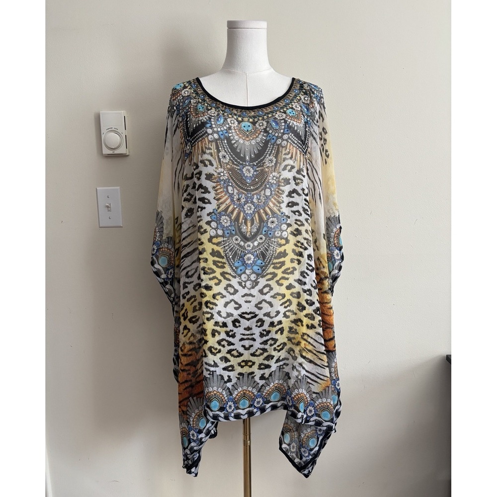 Asa Kaftans Womens Large Sheer Blouse Animal Print Rhinestone Art Beach Boho